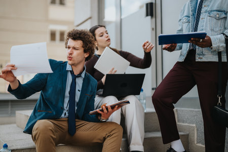 Diverse team of business professionals engaging in a strategic outdoor meeting in an urban settingの写真素材