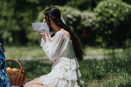 Young woman eating food or snacks in a sunny park during a picnic.の写真素材