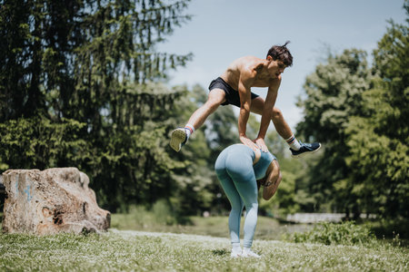 Man jumping over female friend in park during workout on sunny day