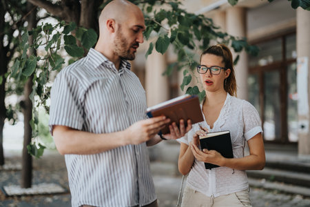 Two colleagues discussing work outdoors with notepads and documents in hand