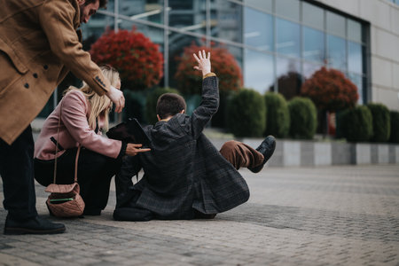 Colleagues assisting a businessman who has fallen outdoorsの写真素材