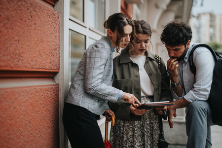 Businesspeople in outdoor meeting discussing project on tablet outside