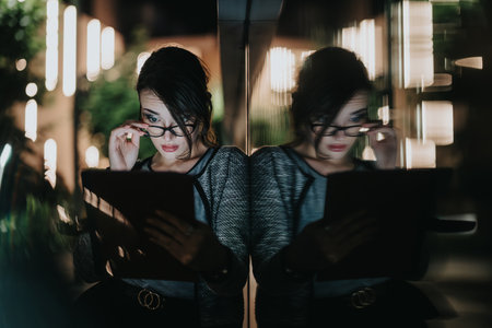 Businesswoman working on a tablet at night with reflections in modern urban settingの写真素材