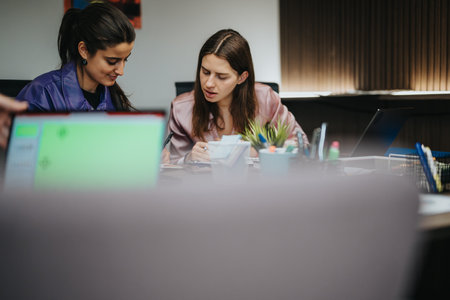 Two multicultural female employees collaborating in a modern office setting