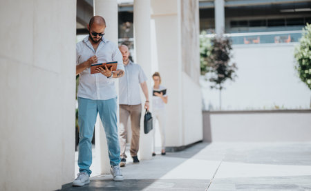 Business professionals using digital devices outdoors on a sunny dayの写真素材