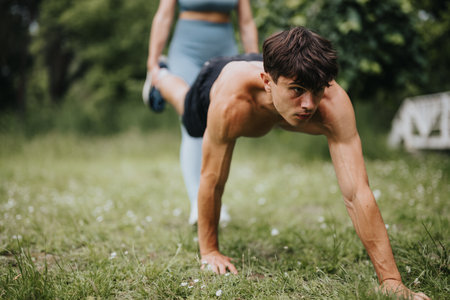 Friends doing a wheelbarrow walk exercise outdoors for fitness and funの写真素材