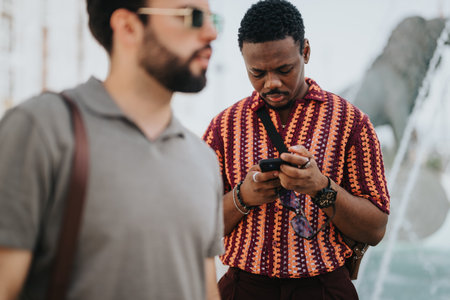 Business people discussing work in an outdoor meeting during a sunny dayの写真素材