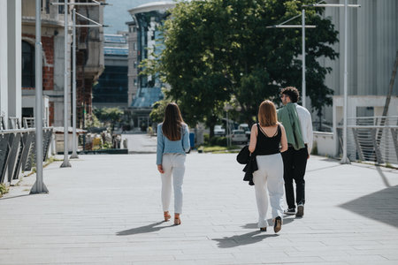Rear view of three people walking on a modern city street during the dayの写真素材