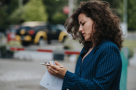 Professional woman reviewing documents outdoors, concentrating