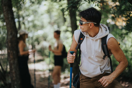 Young hikers in a forest trail with backpacks and trekking poles enjoying nature