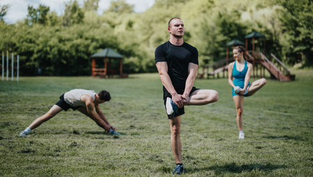 Group of young adults stretching and exercising in a parkの写真素材