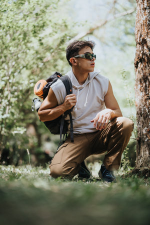 Young man hiking in forest, kneeling and looking ahead, wearing sunglasses and backpackの写真素材
