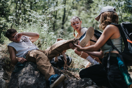 Group of friends helping an injured hiker in the forest during a sunny day