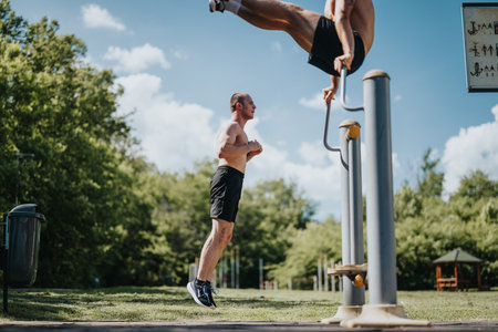 Outdoor fitness exercise with two men working out on equipment in the park