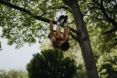 Man performing acrobatic move hanging upside down from tree branch in outdoor settingの写真素材