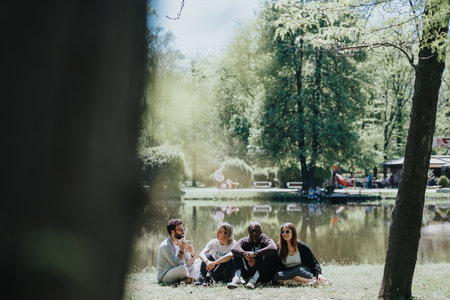 Group of friends enjoying a sunny day at the park, casual and carefreeの写真素材