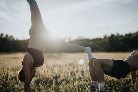 Couple practicing yoga in a field at sunset