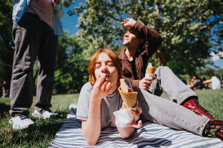 Young friends enjoying ice cream and lounging in a sunny park, a perfect summer dayの写真素材