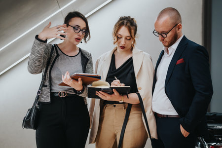 Businesspeople engaged in a discussion, analyzing data and strategizing during a team meeting