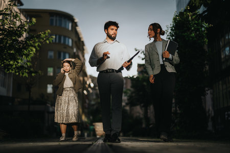 Young business associates brainstorming ideas and discussing project strategy in urban city areaの写真素材