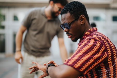 Businessman checking time on smart watch while colleague stands nearby outdoorsの写真素材