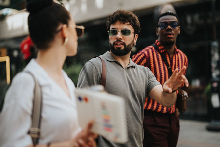 Group of businesspeople walking down the street having a discussion