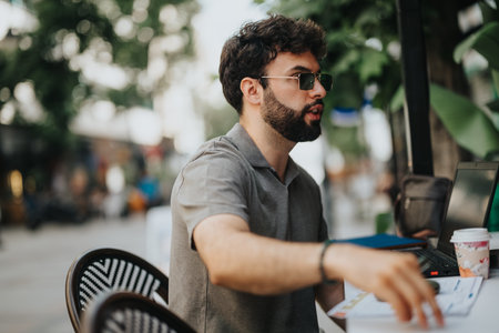 Young professional man working outdoors with a laptop and documentsの写真素材