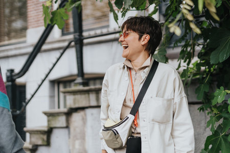 Smiling person enjoying a pleasant outdoor moment with friends
