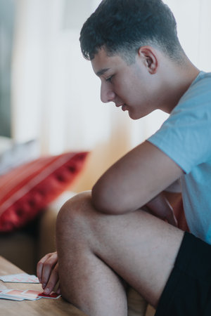 Teenager having fun playing card games at home, relaxed and enjoying leisure timeの写真素材