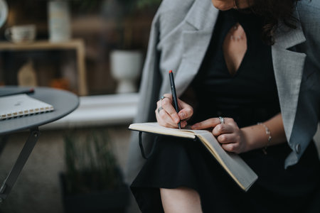 Businesswoman writing notes during a meeting at an outdoor cafeの写真素材