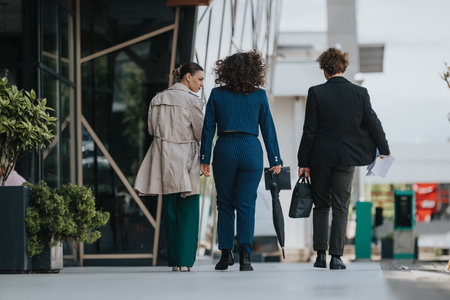 Businesspeople walking together outside modern office building carrying documents and bagsの写真素材