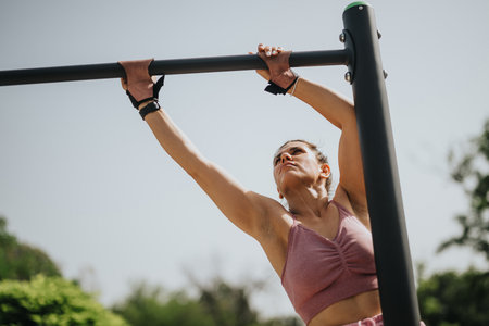 Woman performing pull-ups on outdoor fitness equipment in nature