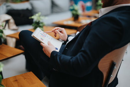 Young business entrepreneur analyzing charts during an outdoor meetingの写真素材