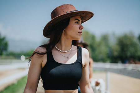 Young woman enjoying countryside ranch life on a sunny day