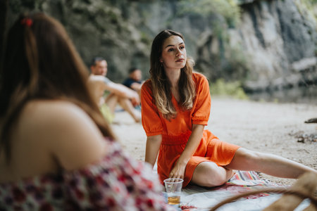 Young women enjoying a peaceful picnic by a rocky riverside on a summer dayの写真素材