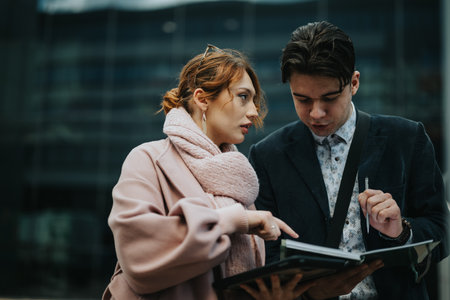 Young business partners reviewing data outdoors in the cityの写真素材