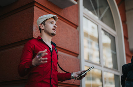 Young business associate speaking confidently outdoors with a tablet in hand on an urban street