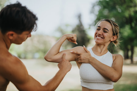 Happy woman flexing her biceps outdoors with a supportive friendの写真素材