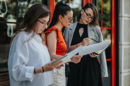Businesswomen reviewing documents outside office building, discussing strategies and planning work....