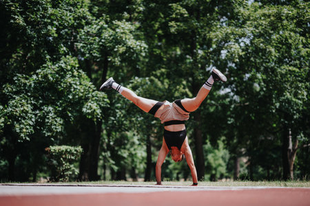 Young athlete performing a handstand outdoors in a park on a sunny day