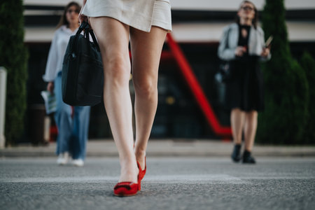 Confident businesswomen walking in the city with focus on legs and red shoesの写真素材
