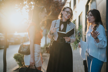 Group of businesswomen discussing ideas outdoors during sunset meetingの写真素材