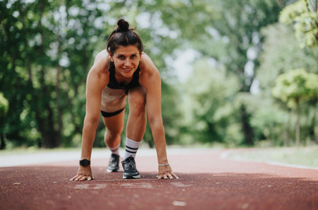 Female athlete in starting position on a running track in a parkの写真素材
