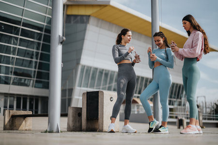 Young women in sportswear taking a water break outside the gymの写真素材