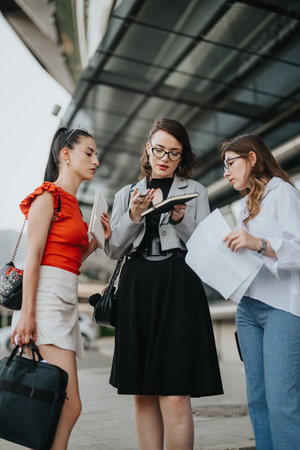 Confident businesswomen reviewing documents and collaborating outdoorsの写真素材