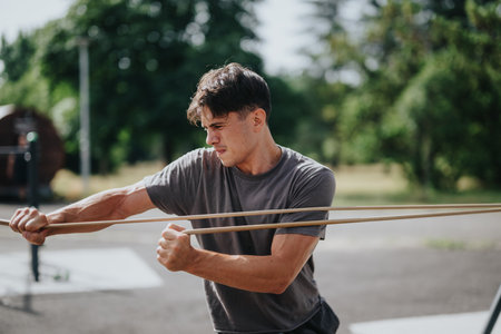 Young man performing resistance band workout in a park on a sunny day
