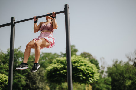 Woman performs pull-ups on an outdoor fitness bar in a park, showcasing strength and determination