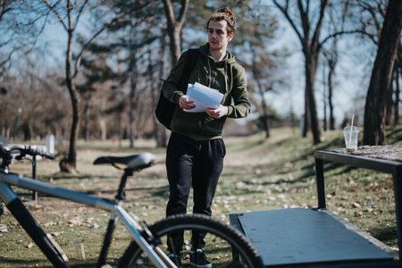 Man calmly reading papers in a park, bike resting nearby, enjoying outdoor relaxation