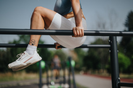 Woman performing calisthenics on parallel bars in sunny parkの写真素材