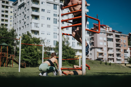 Outdoor fitness training in urban park with people exercising on barsの写真素材
